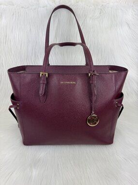 Michael Kors Gilly Large Jet Set Tote Burgundy Leather Drawstring Zip MK Bag